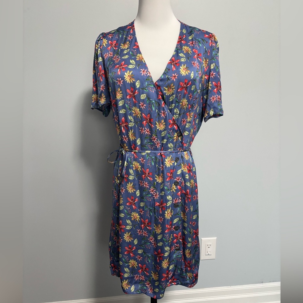Zara Floral Wrap Dress in Blue with Pink & Yellow Blooms